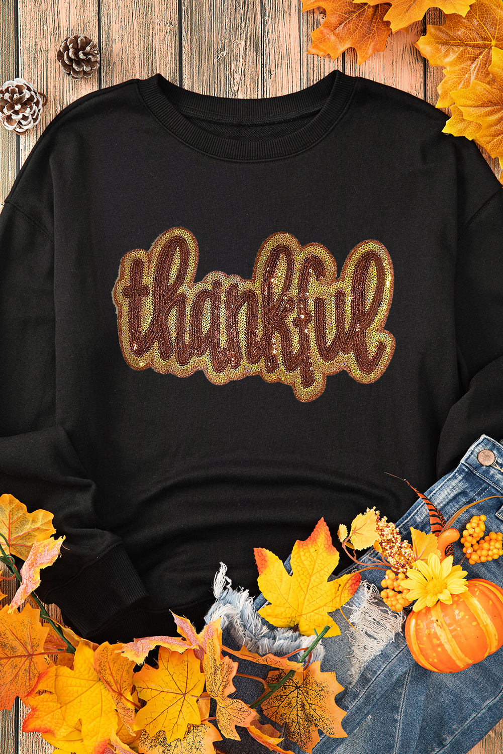 Black Glittering thankful Graphic Drop Shoulder Sweatshirt - loveforevers