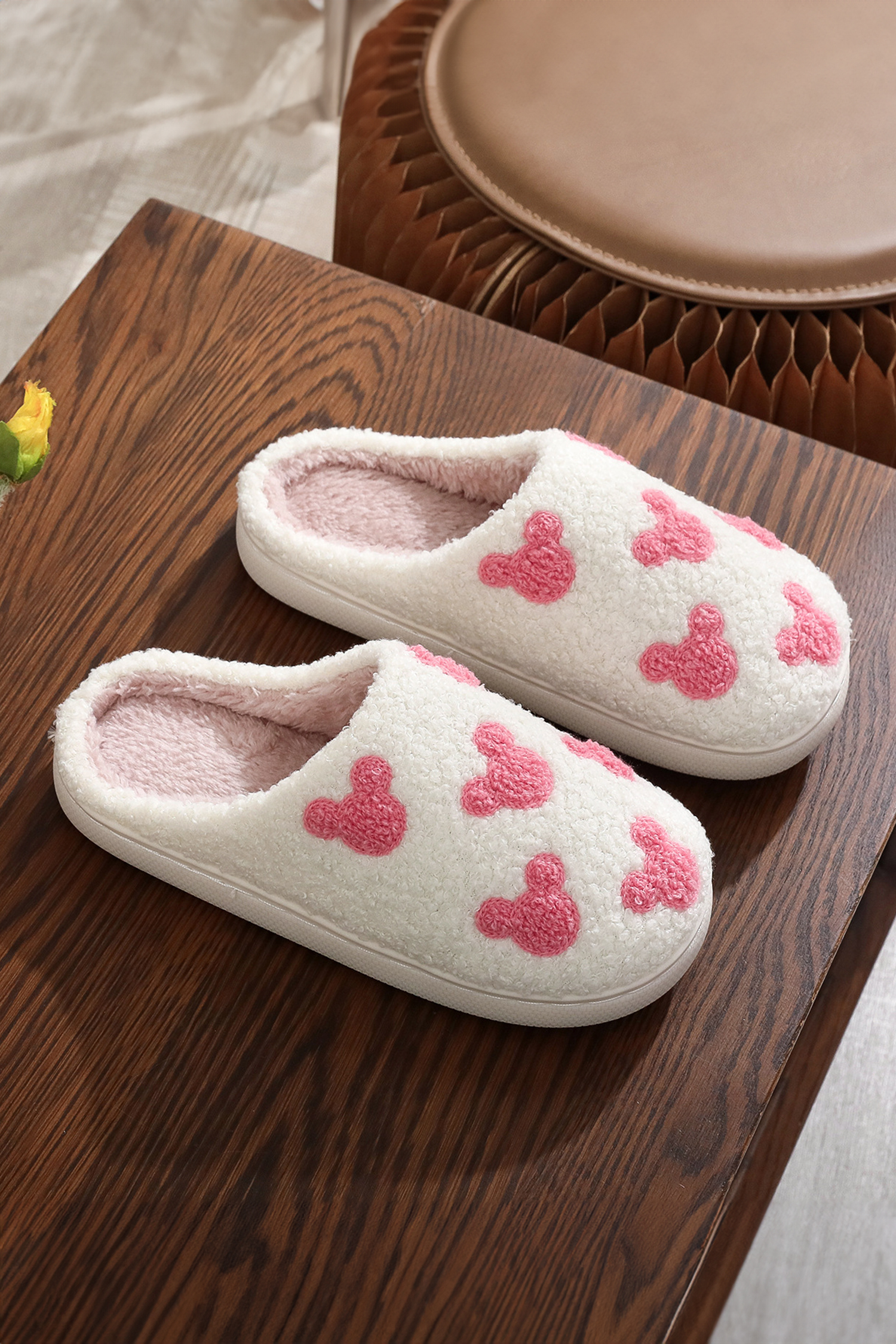 White Mickey Mouse Cartoon Head Pattern Plush House Slippers - loveforevers