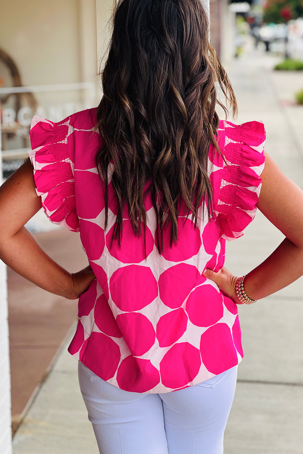 Rose Bubblegum Pattern Frilled Collar Flutter Sleeve Top - loveforevers