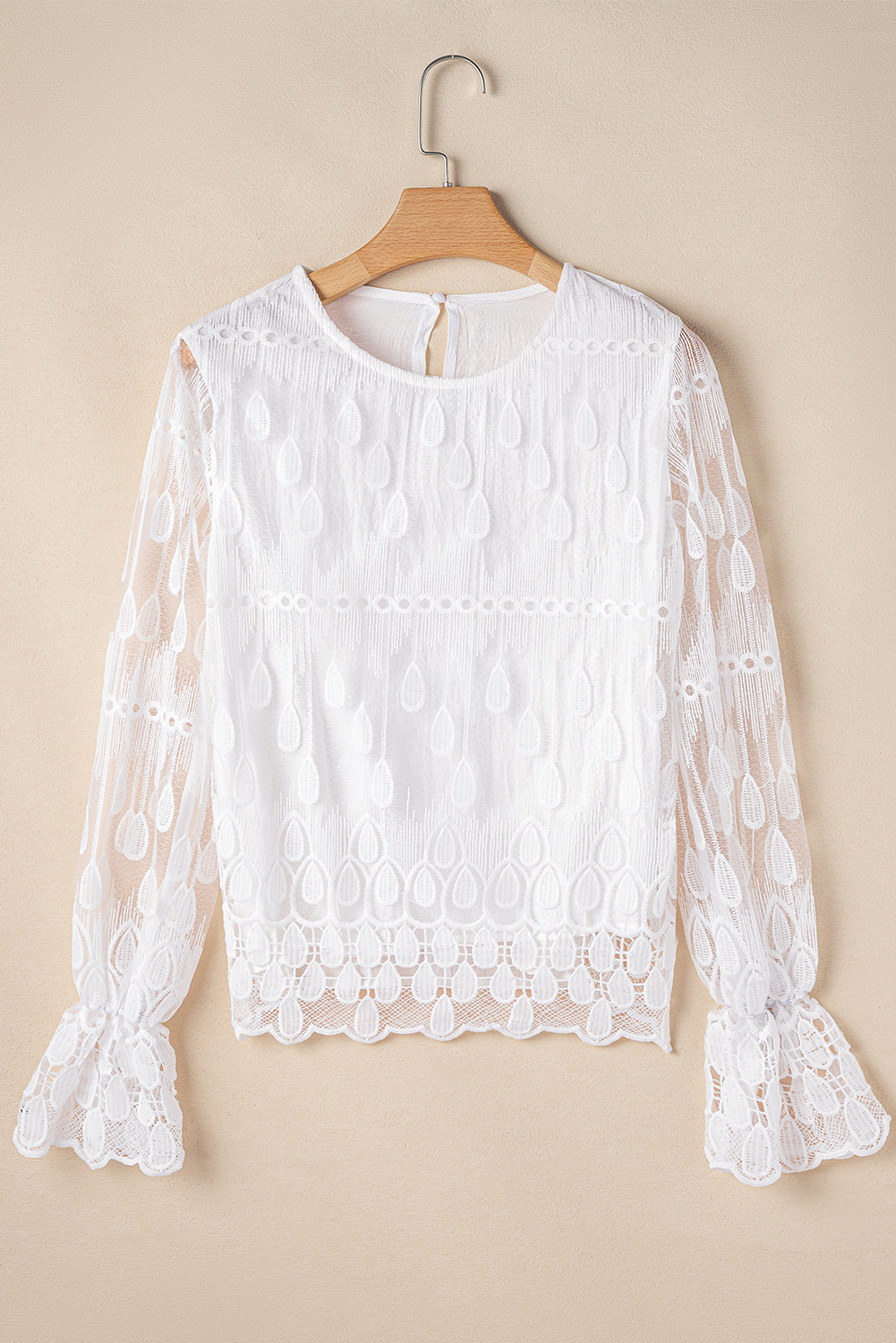 Beige Embroidered Mesh Flounce Sleeve Blouse - loveforevers