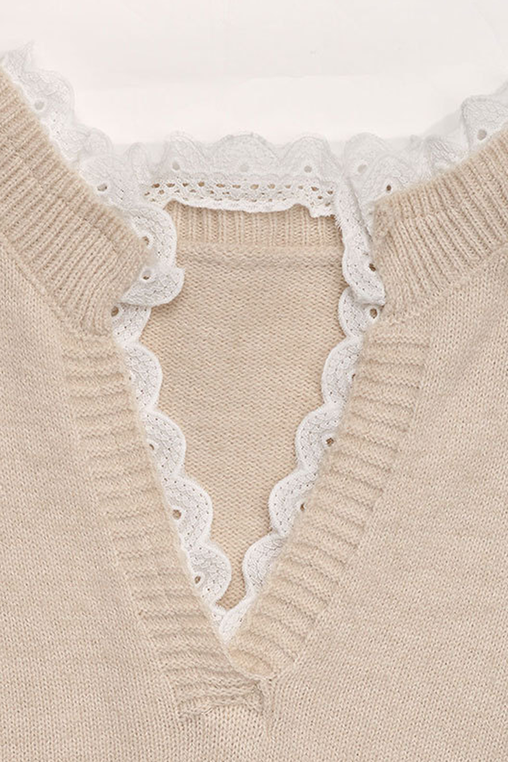 Smoke Gray Heart Print Lace Splicing V Neck Valentines Sweater - loveforevers