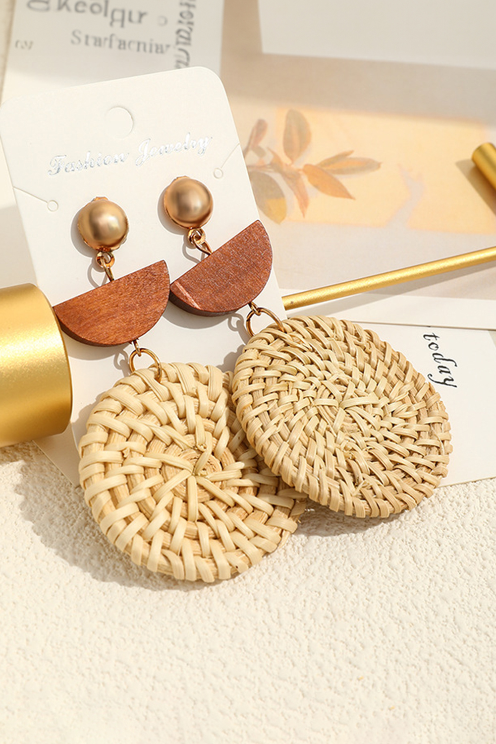 Beige Wooden Woven Disc Dangle Earrings - loveforevers