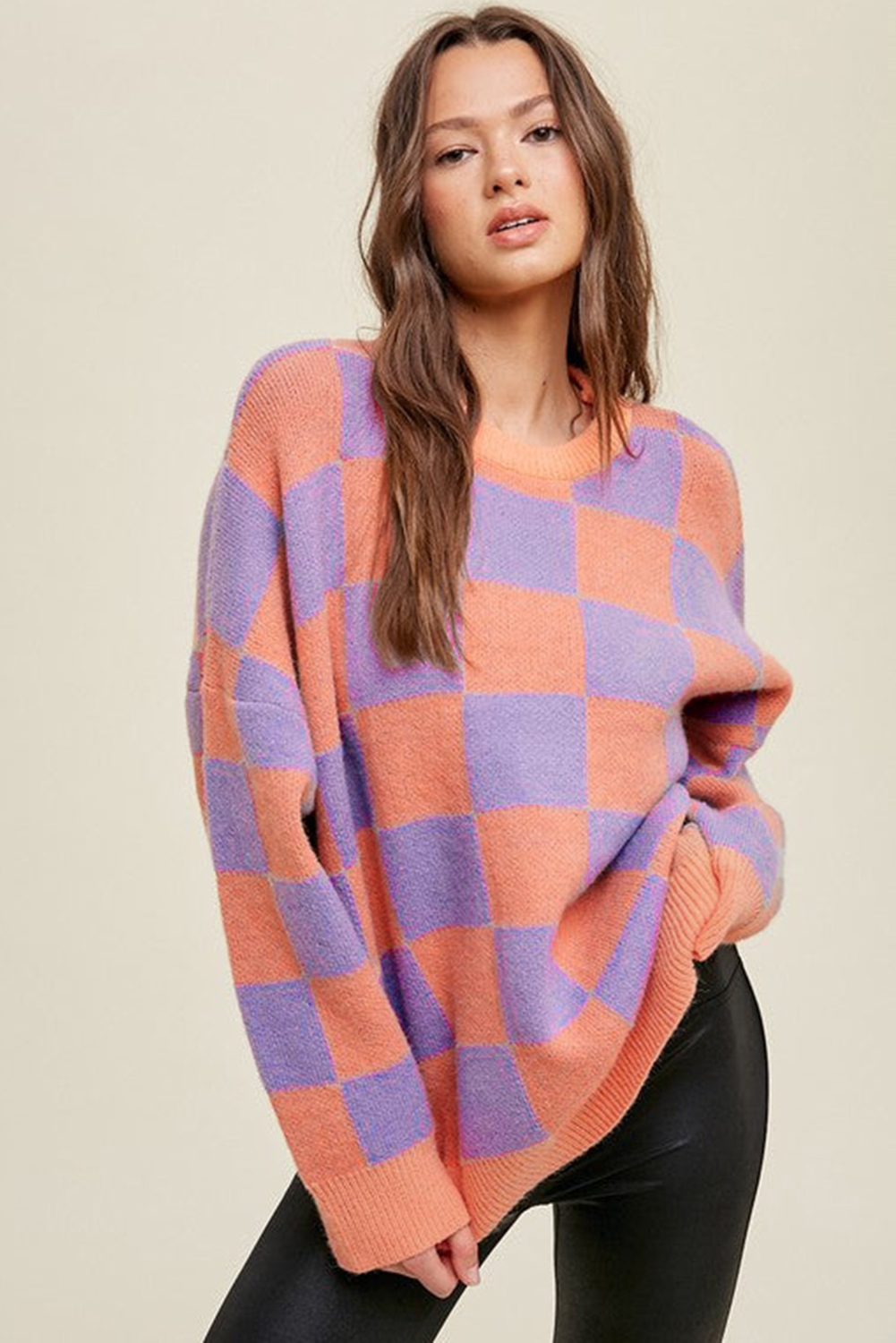Parchment Checkered Pattern Ribbed Trim Knit Baggy Sweater - loveforevers
