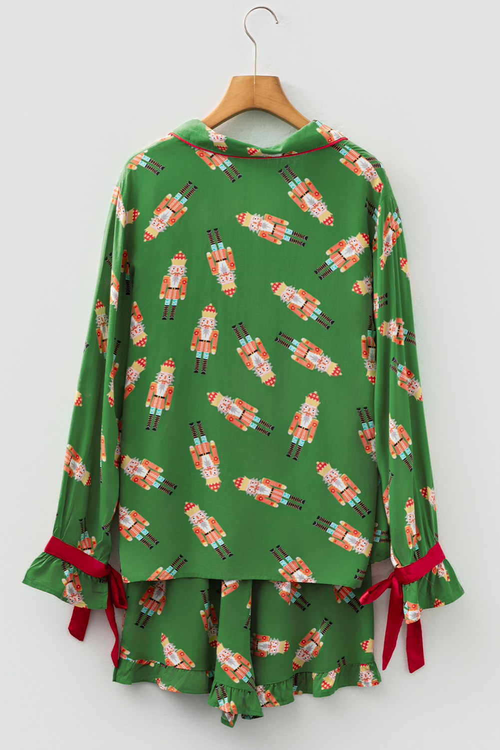 Green Christmas Candy Contrast Trim Bow Knot Silky 2pcs Pajama Set - loveforevers