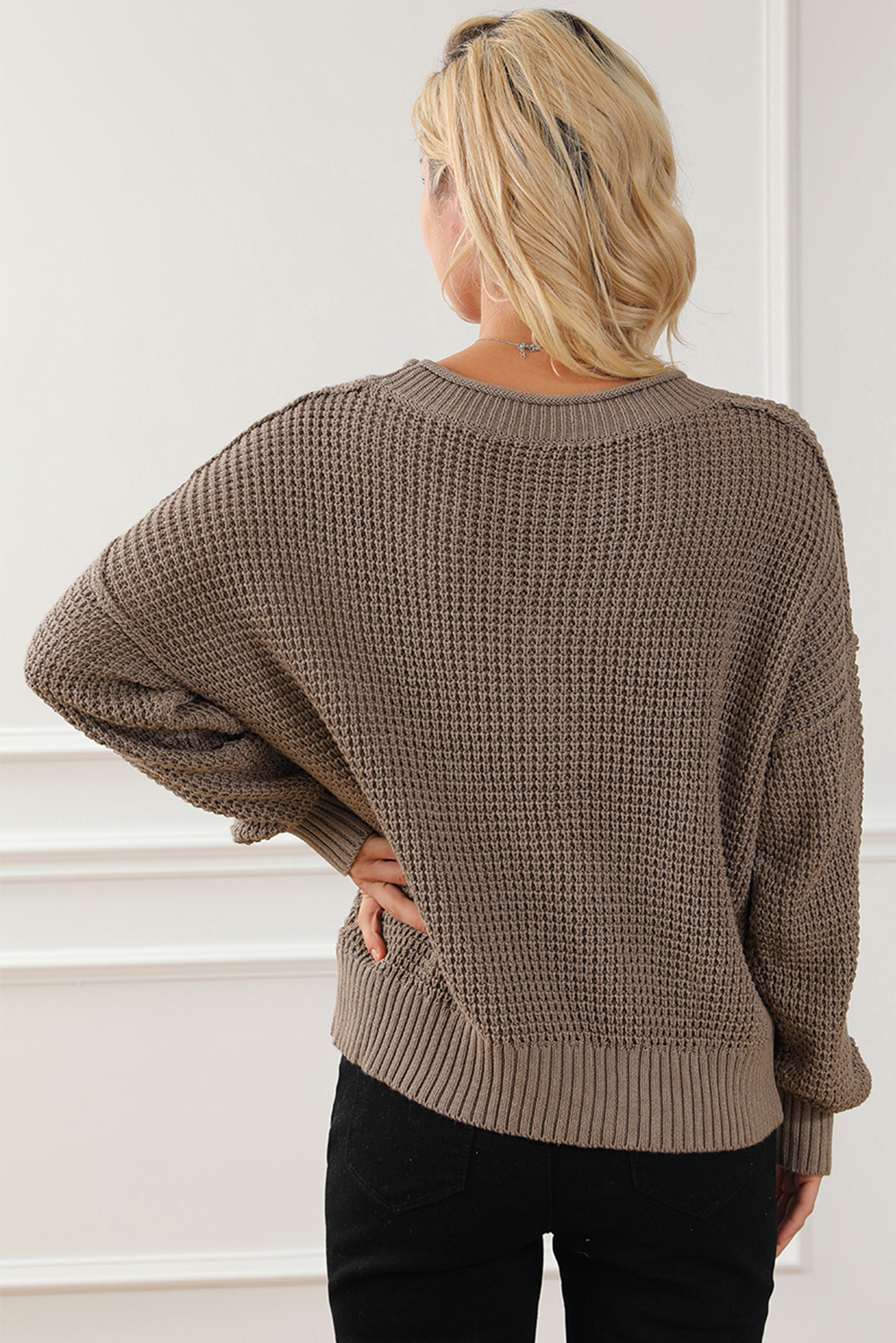Khaki Pointelle Knit Button V Neck Drop Shoulder Sweater - loveforevers