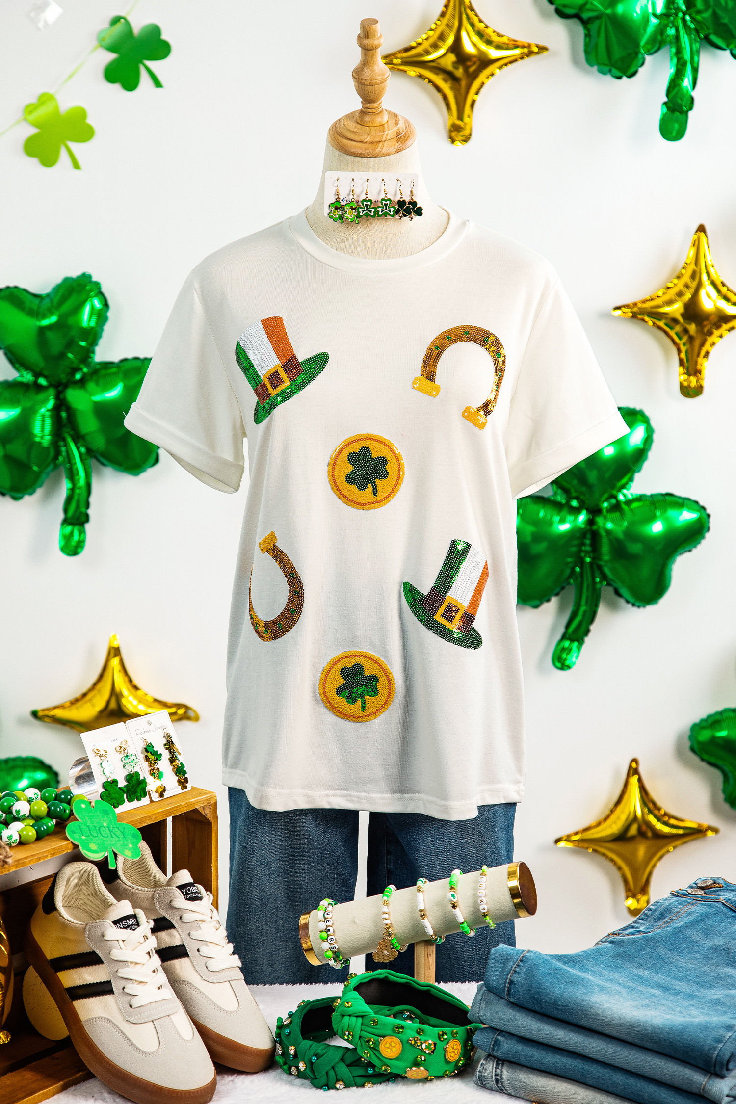 White St Patricks Day Sequin Graphic Casual T Shirt - loveforevers
