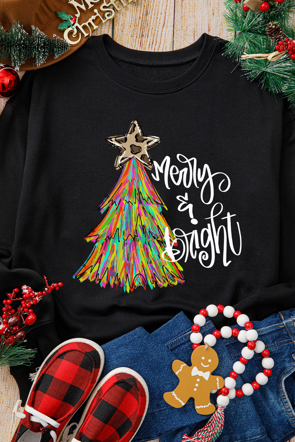 Black Merry & Bright Christmas Tree Graphic Sweatshirt - loveforevers