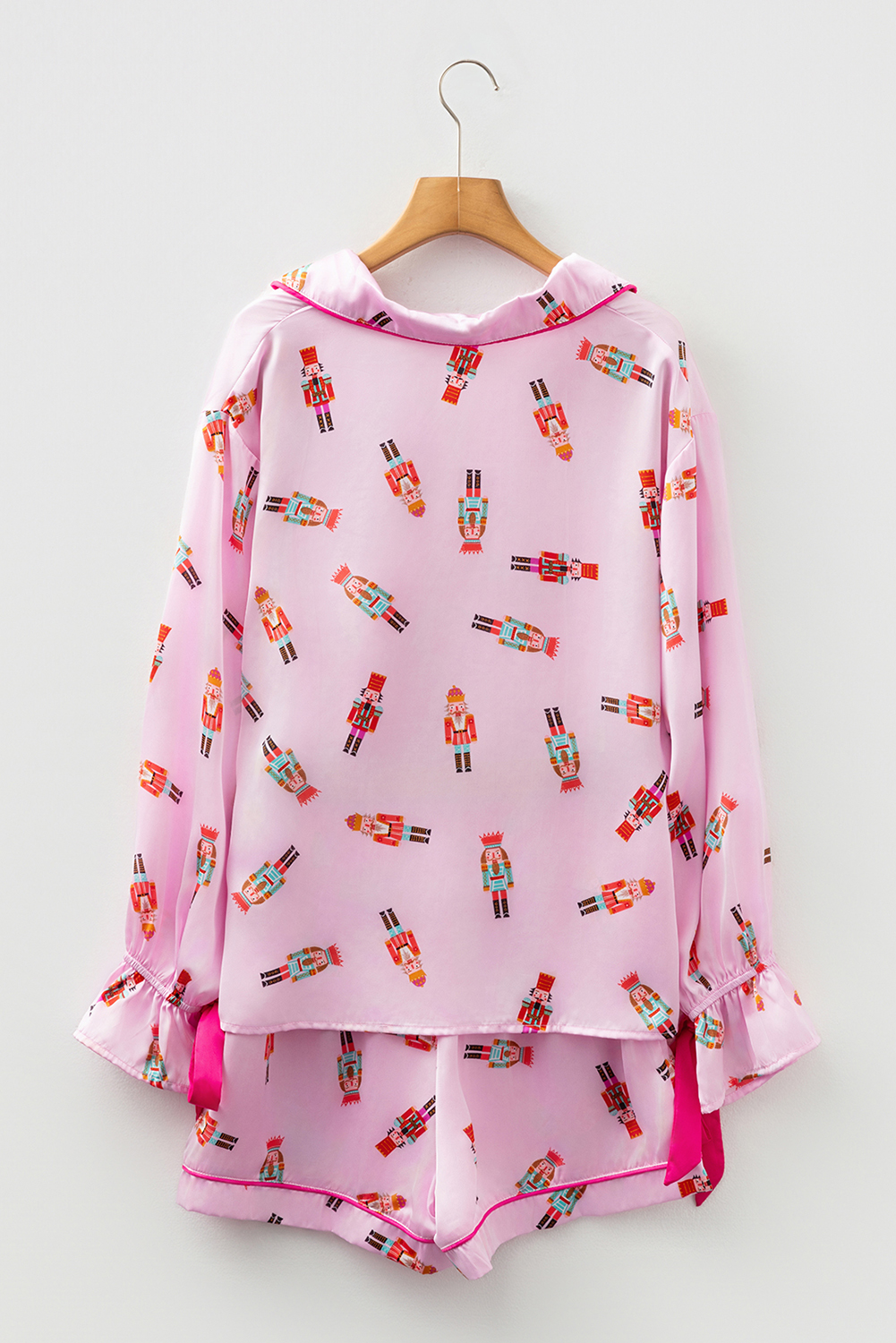 Pink Nutcracker Print Contrast Trim Tied up Bow Silky 2pcs Pajama Set - loveforevers
