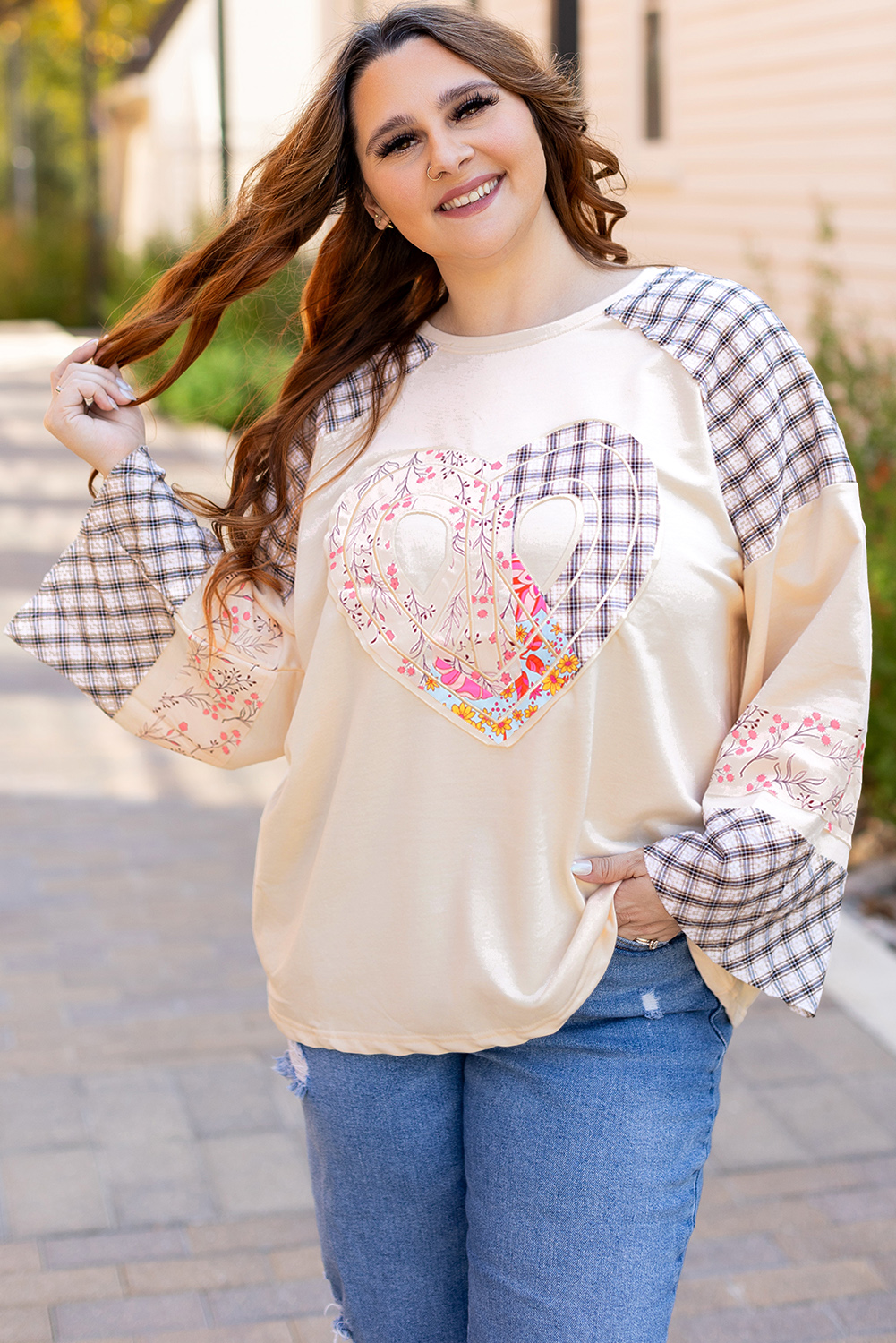 Beige Flower Patch Graphic Exposed Seam Wide Sleeve Top - loveforevers