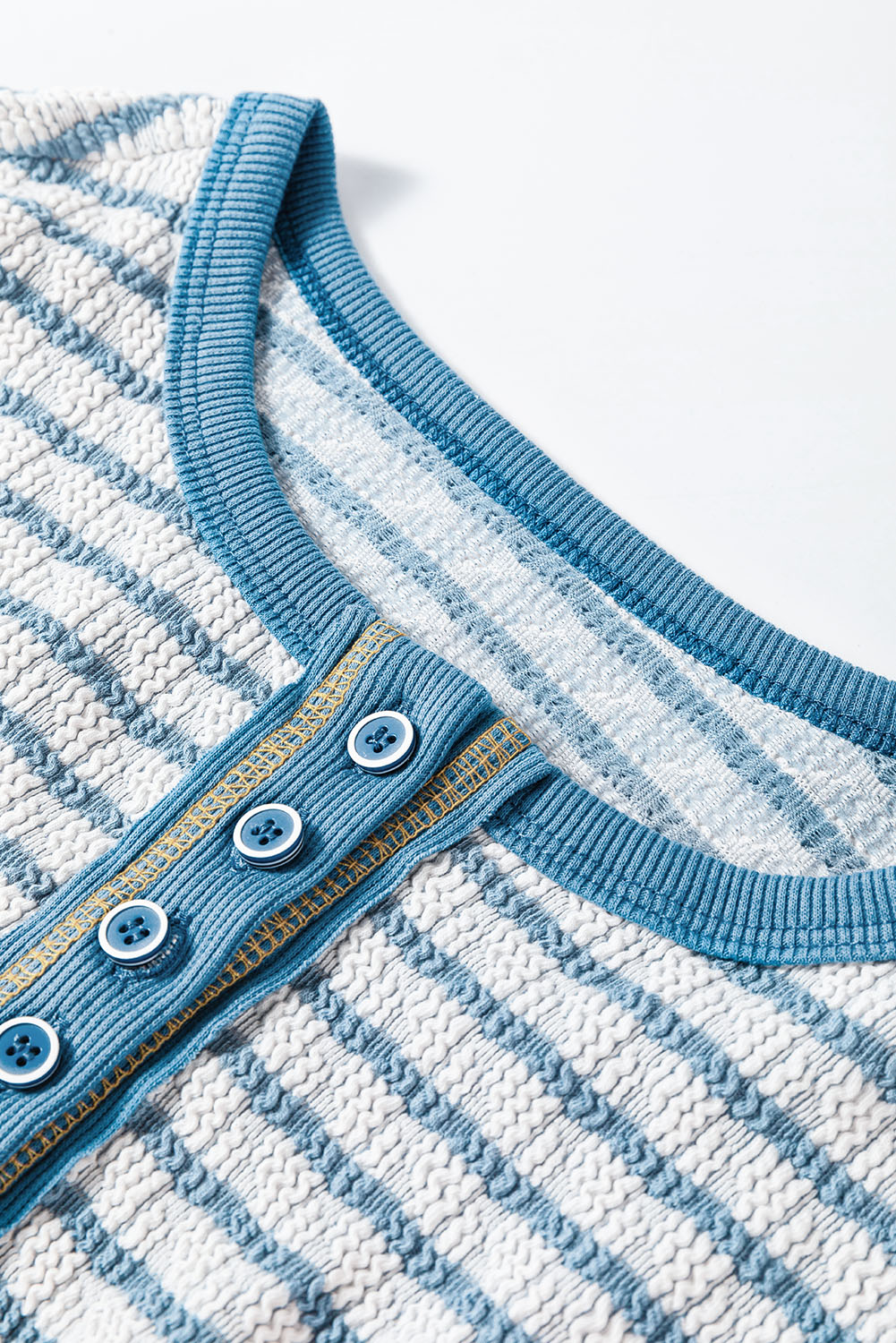 Sky Blue Stripe Textured Frilly Trim Buttons Henley Long Sleeve Top - loveforevers