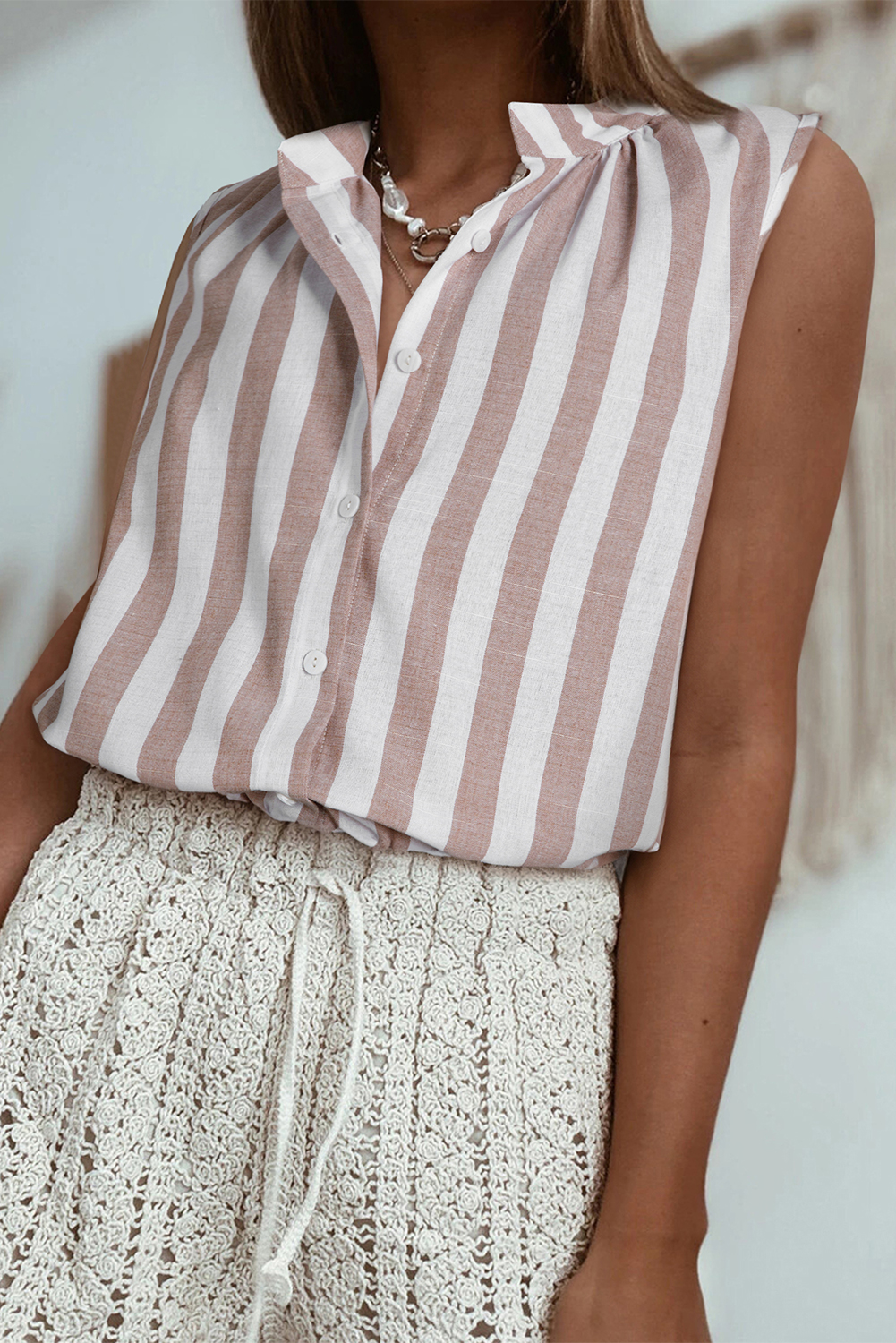 Khaki Stripe Casual Button Down Sleeveless Shirt - loveforevers