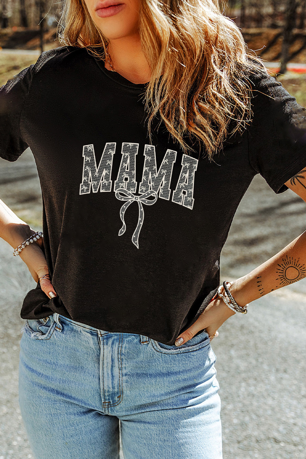 Black Bowknot MAMA Embroidered Crewneck Mothers Day T Shirt - loveforevers