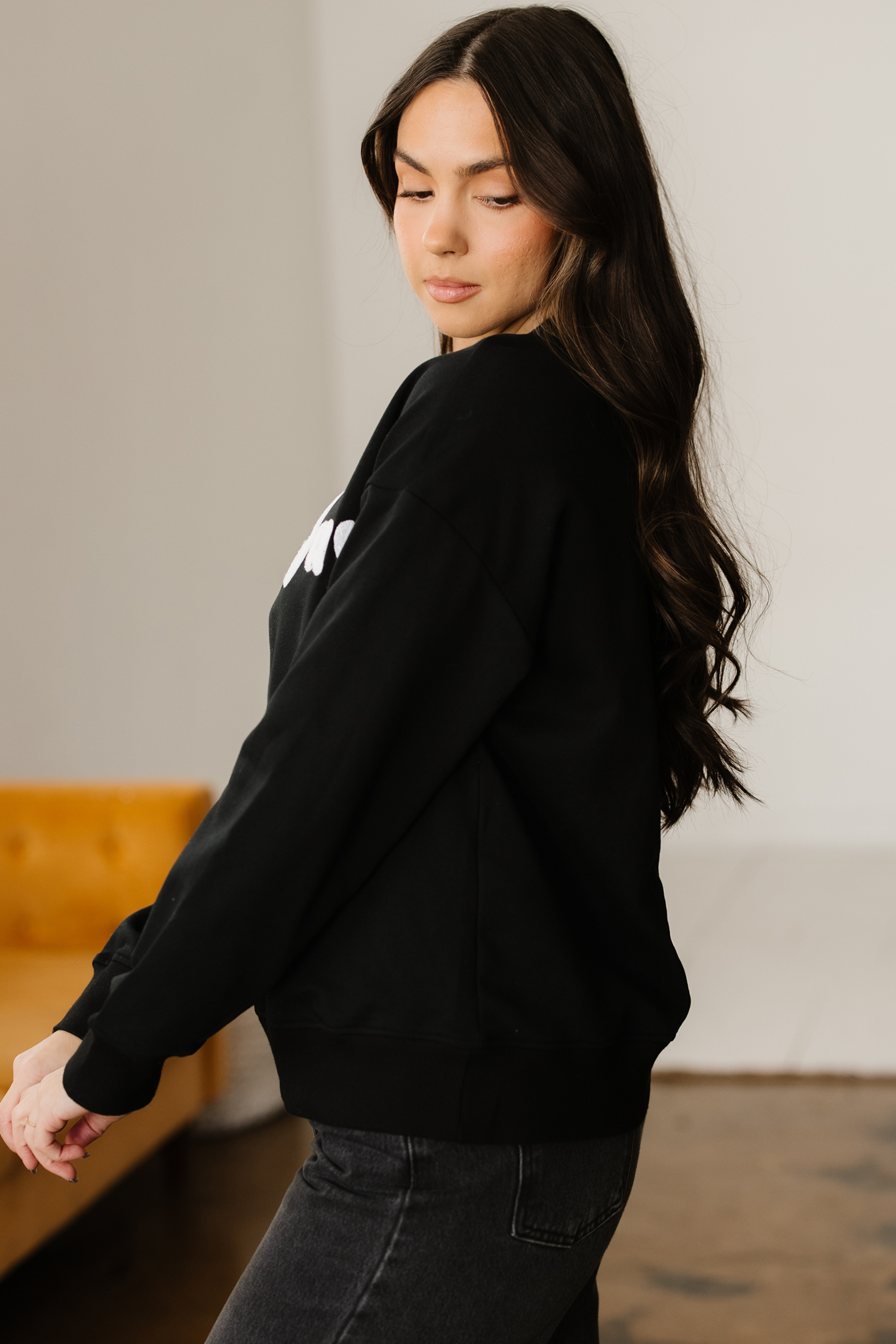 Black Chenille Game Day Graphic Drop Shoulder Sweatshirt - loveforevers