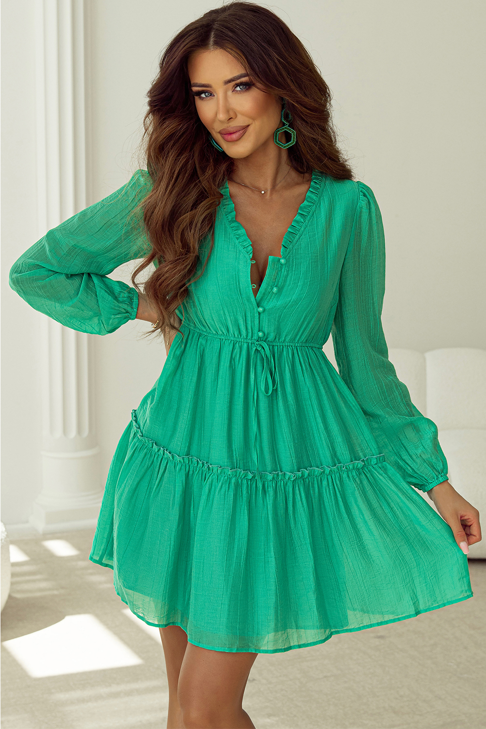 Sea Green Frilly V Neck Puff Sleeve Drawstring Shift Mini Dress - loveforevers