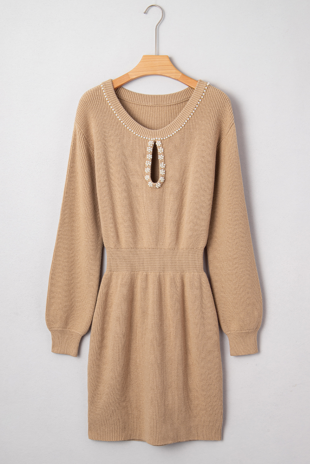 Smoke Gray Pearl Embellished Keyhole Ribbed Sweater Dress - loveforevers