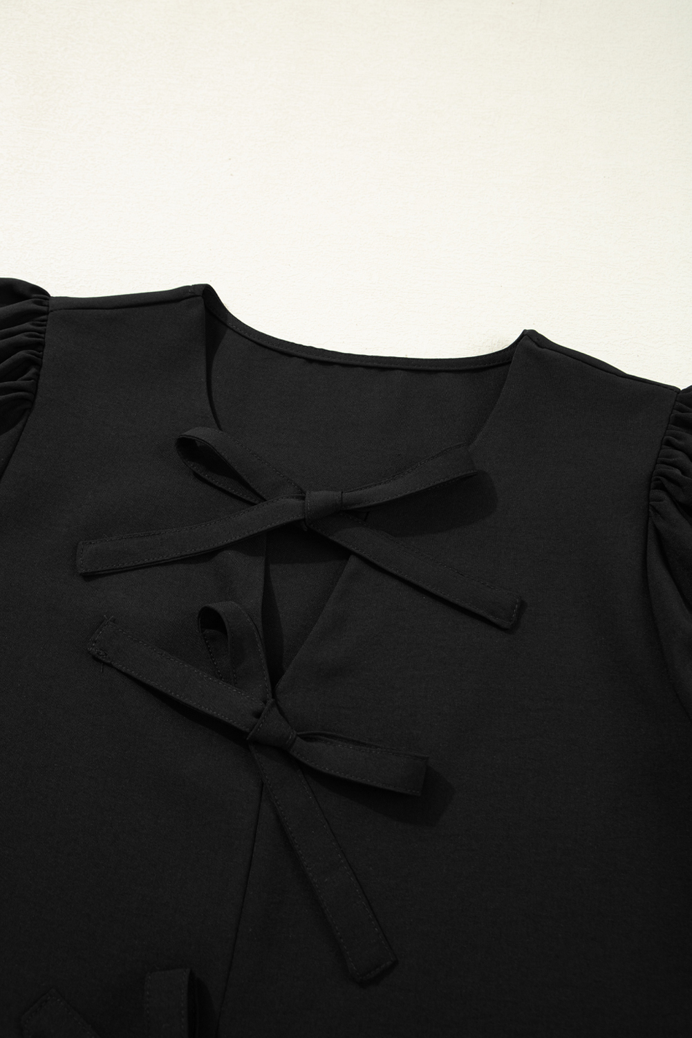 Black Puff Sleeve Bowknot Front Peplum Blouse - loveforevers