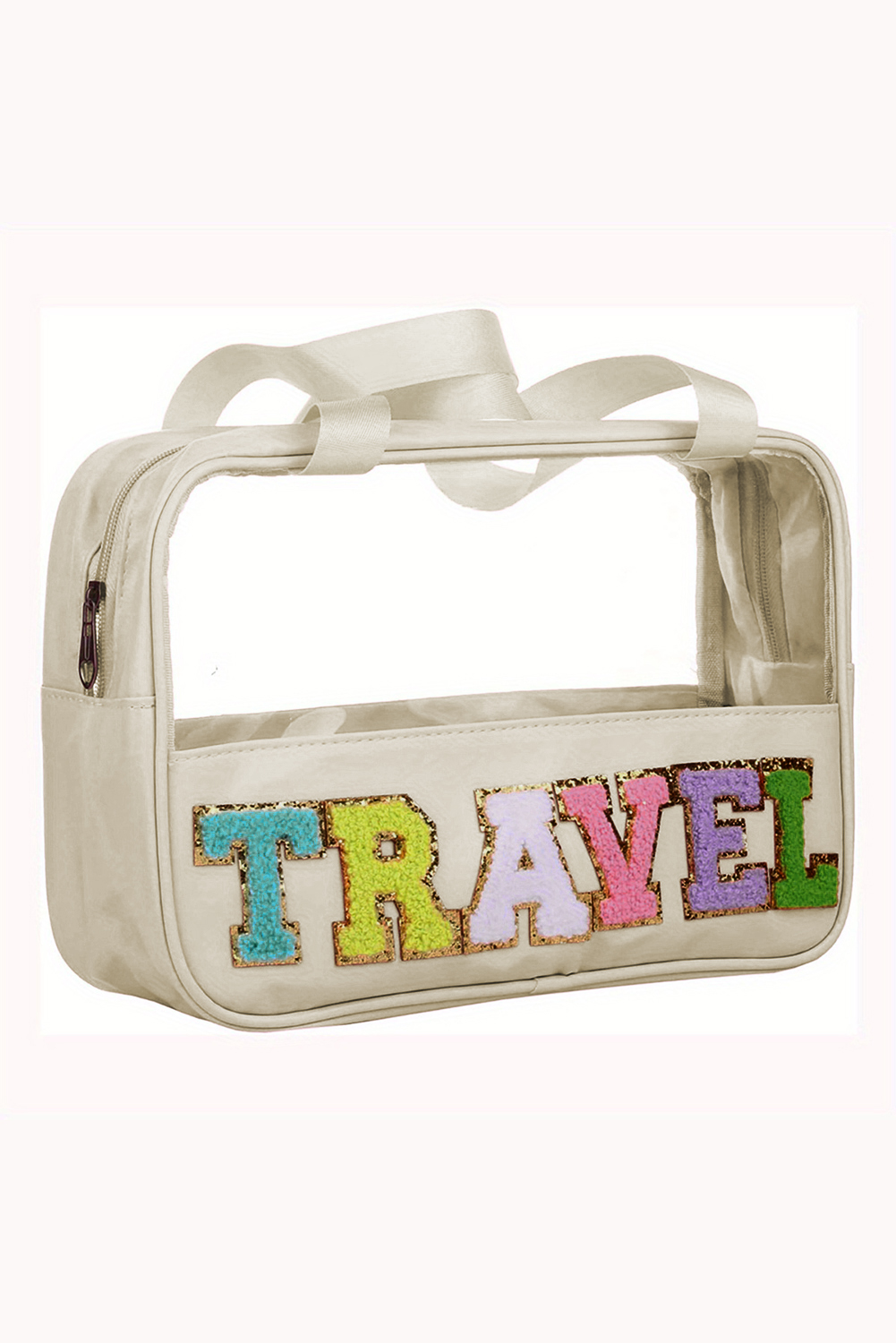 Light Pink TRAVEL Chenille Letter Clear PVC Makeup Bag - loveforevers