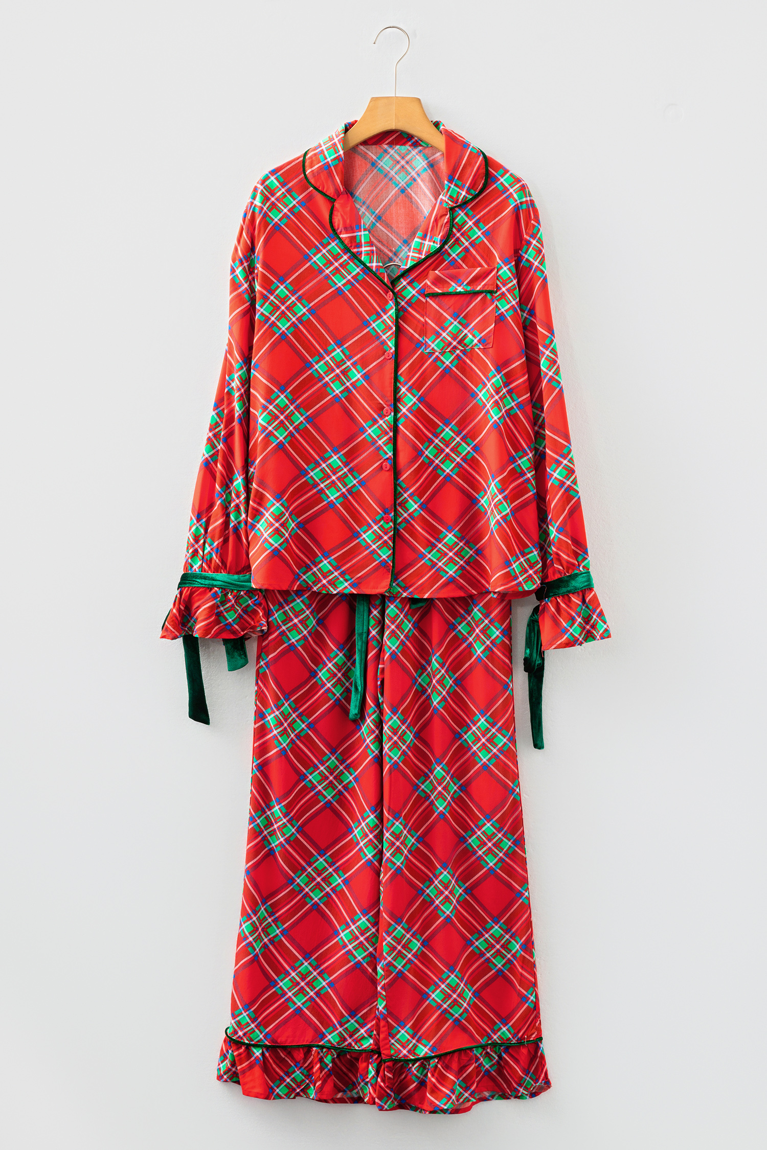 Fiery Red Christmas Plaid Satin Pajama Set with Contrast Velvet Ties - loveforevers