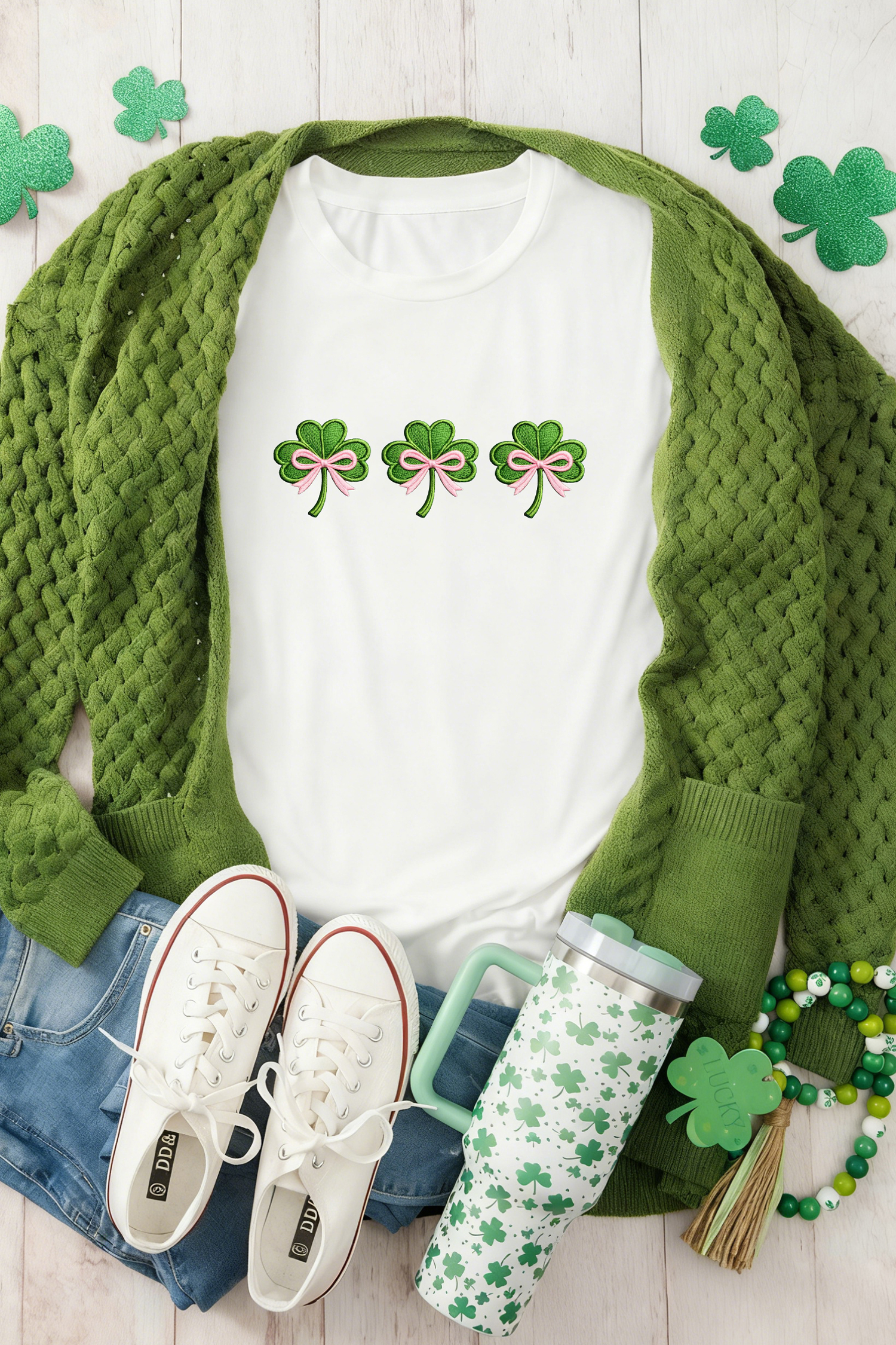 White Ribbon Bow Clover Embroidered Casual T Shirt - loveforevers