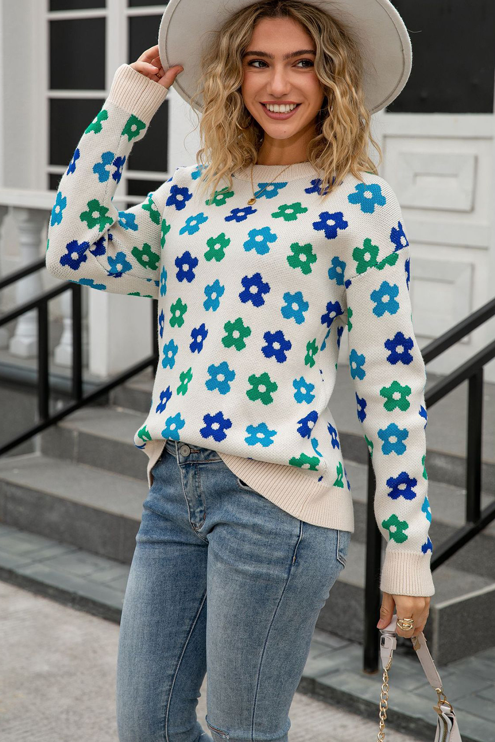 Apricot Cute Flower Allover Ribbed Trimmed Drop Shoulder Pullover Sweater - loveforevers