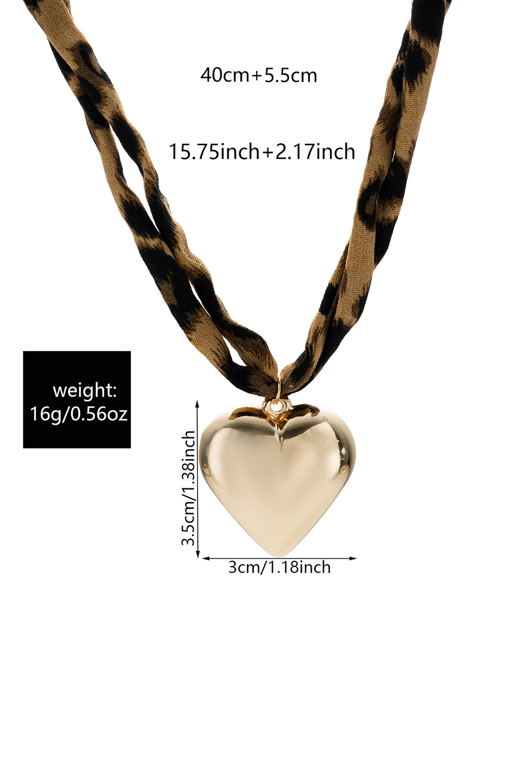 Gold Puffy Heart Charm Leopard Scarf Necklace - loveforevers