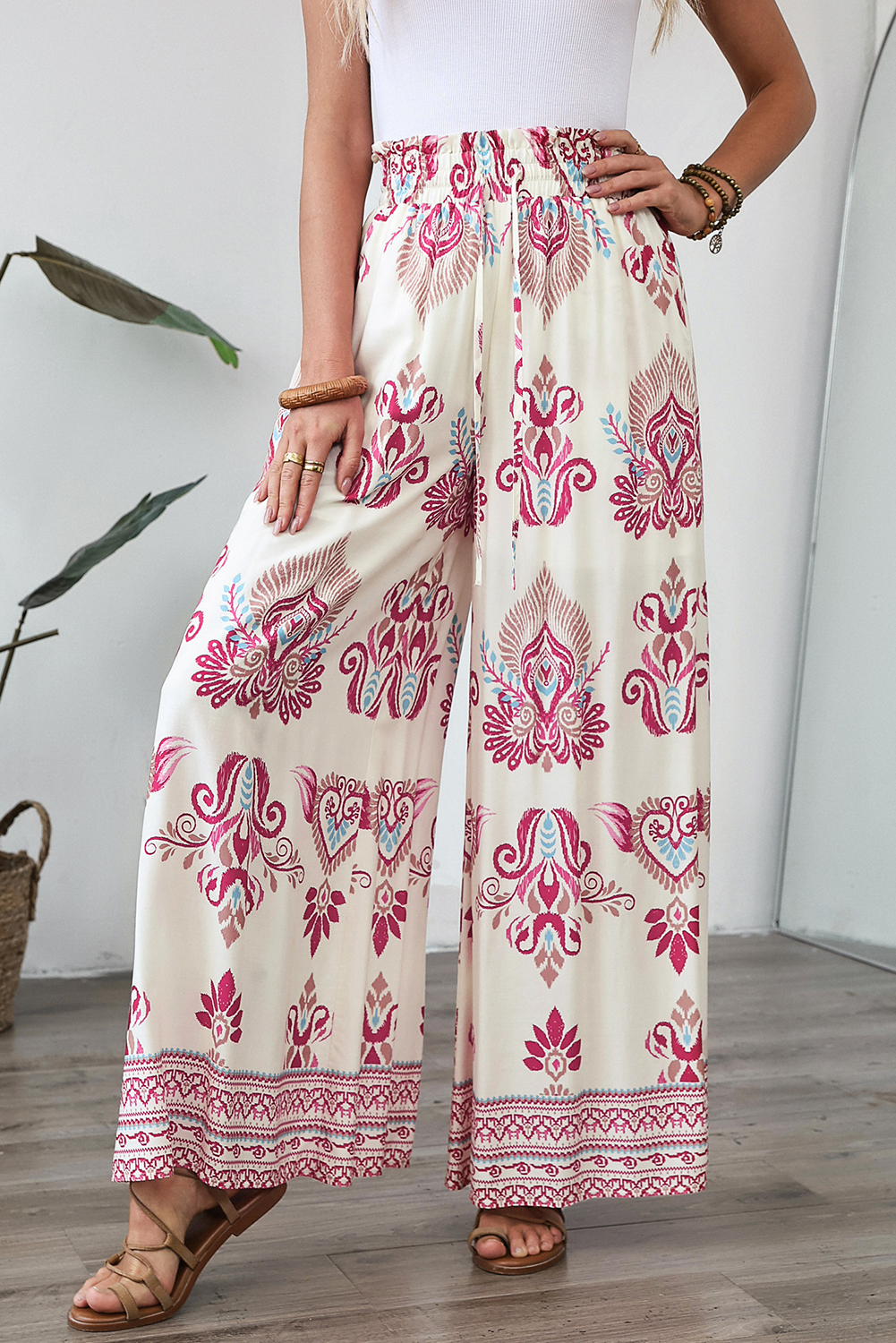 Rose Boho Printed Shirred High Waist Flowy Wide Leg Pants - loveforevers