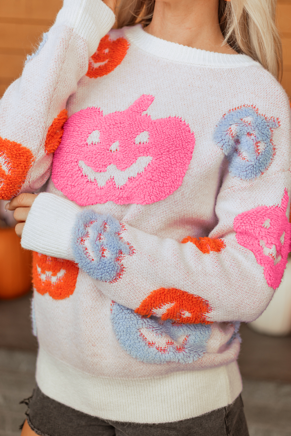 Beige Halloween Cute Pumpkin Pattern Sweater - loveforevers