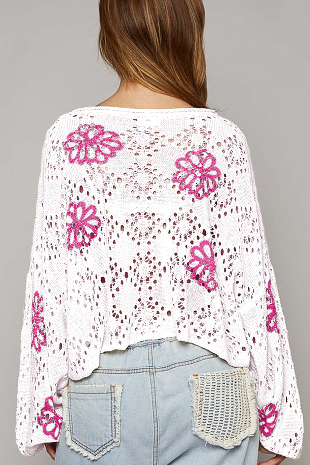 Beige Contrast Flower Print Eyelet Drop Shoulder Sweater - loveforevers