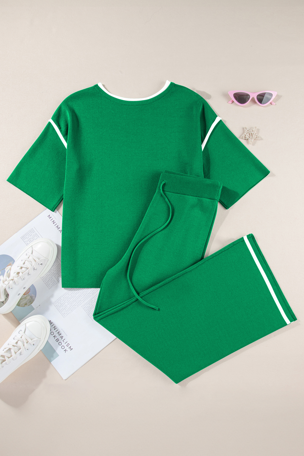 Blackish Green Contrast Trim Half Sleeve Top Drawstring Pants Loose 2pcs Sweater Suit - loveforevers