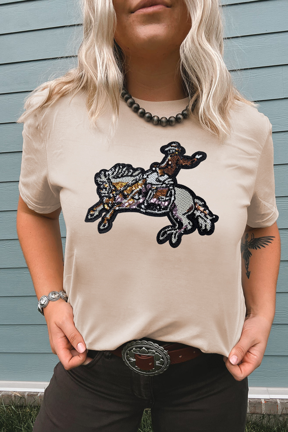 Khaki Sequin Rodeo Graphic Crewneck Tee - loveforevers