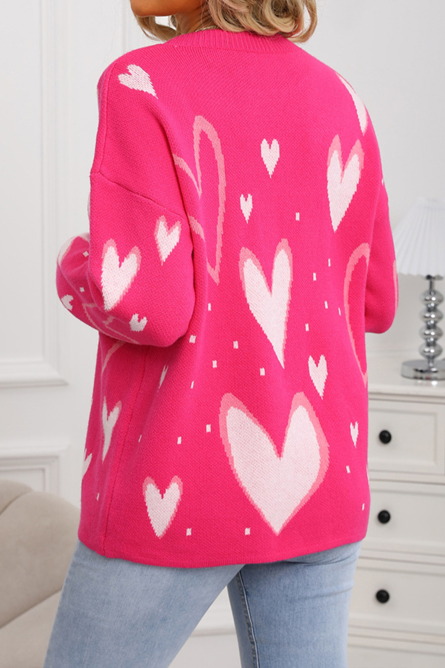 White Splendid Heart Print Valentines Day Sweater - loveforevers