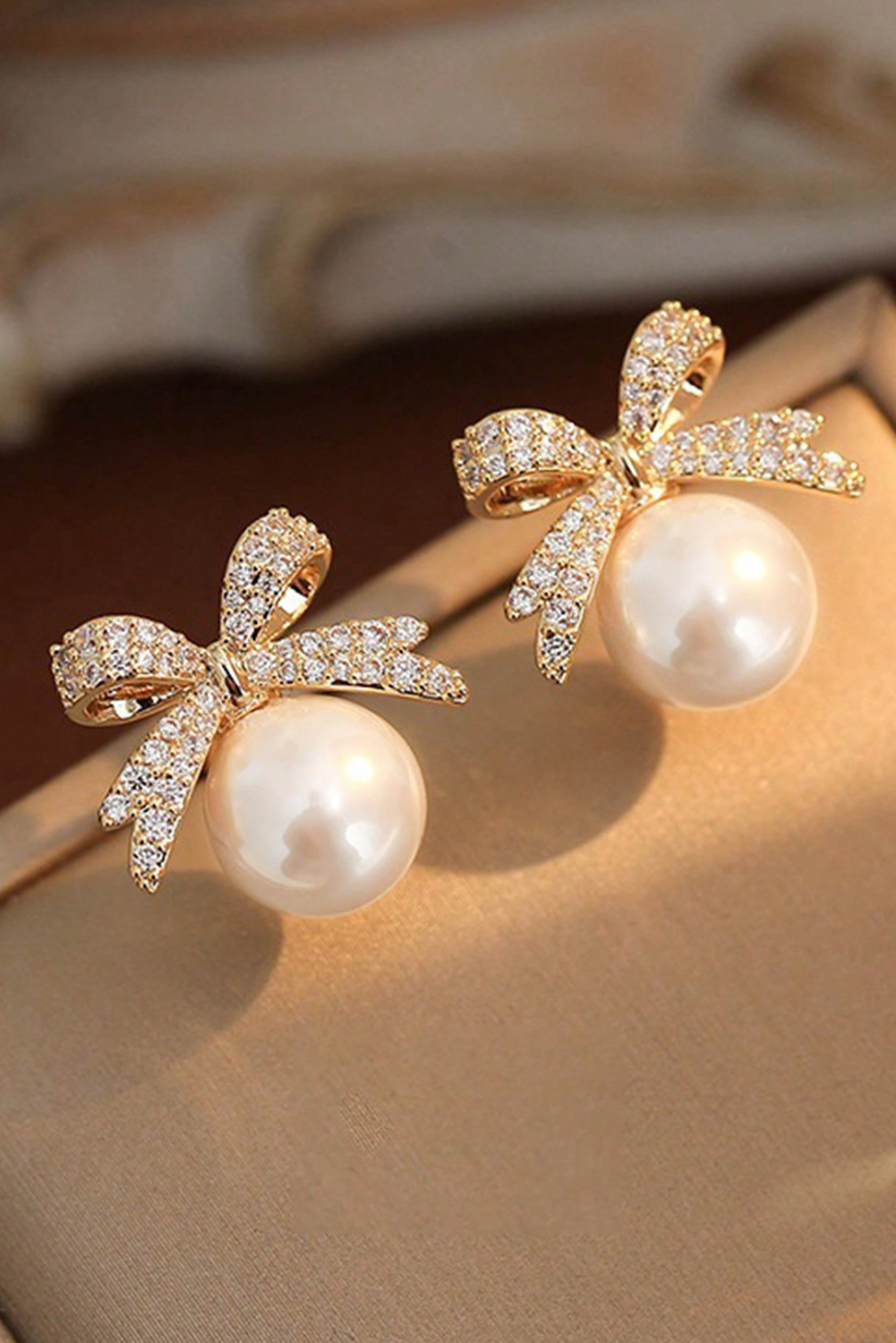 Gold Rhinestone Bowknot Pearl Earrings - loveforevers
