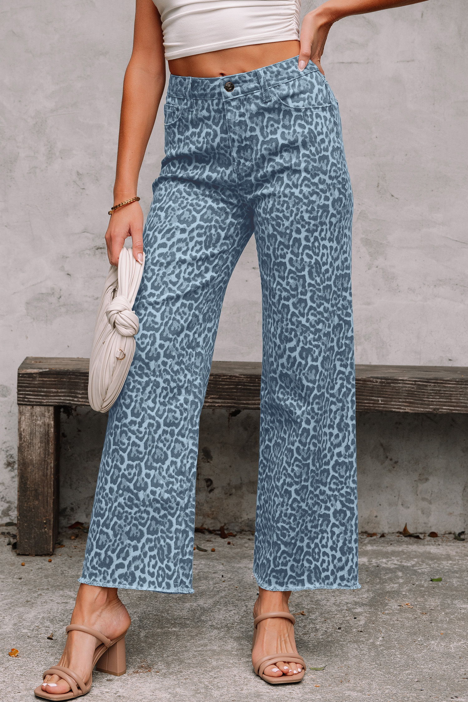Rose Leopard Frayed Edge Wide Leg High Waist Jeans - loveforevers