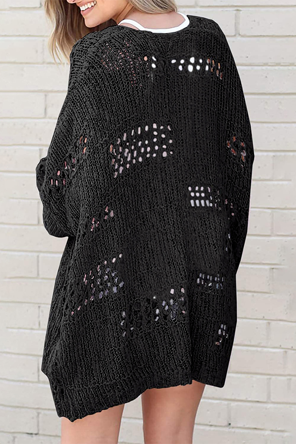 Black Casual Hollowed Knit Dolman Sleeve Cardigan - loveforevers