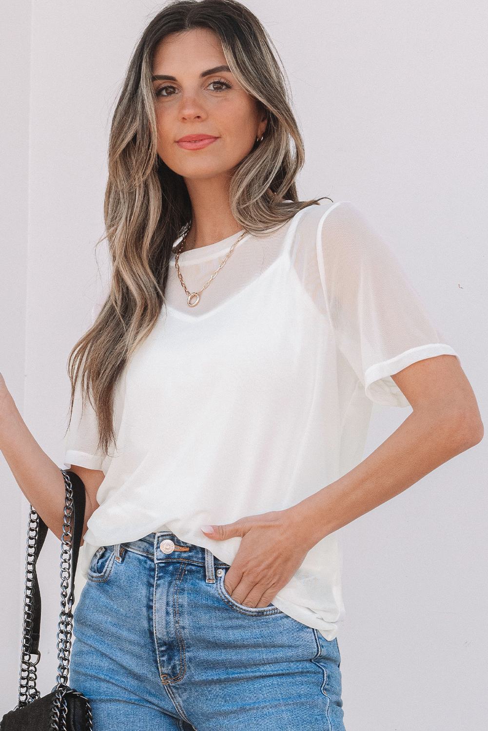 White Solid Color Sheer Mesh Patchwork Short Sleeve Top - loveforevers