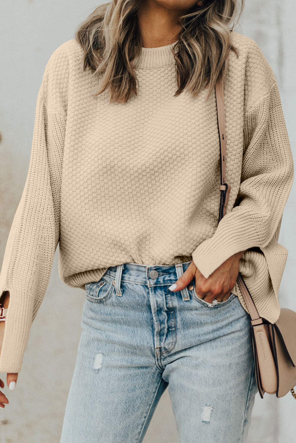Parchment Solid Textured Knit Split Cuff Drop Shoulder Loose Sweater - loveforevers