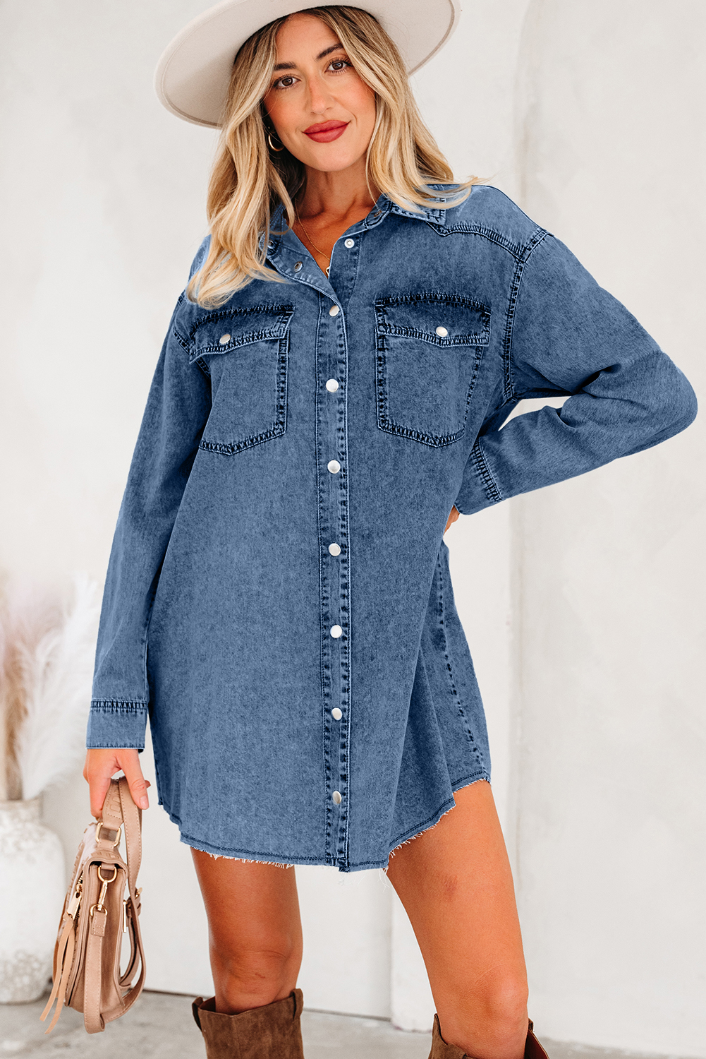 Blue Beau Chest Pocket Raw Hem Denim Loose Shirt Dress - loveforevers