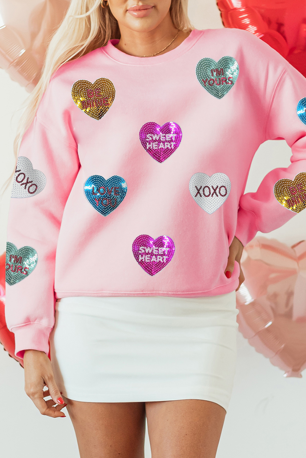 Pink Sequin Valentines Lettering Heart Patched Crewneck T Shirt - loveforevers