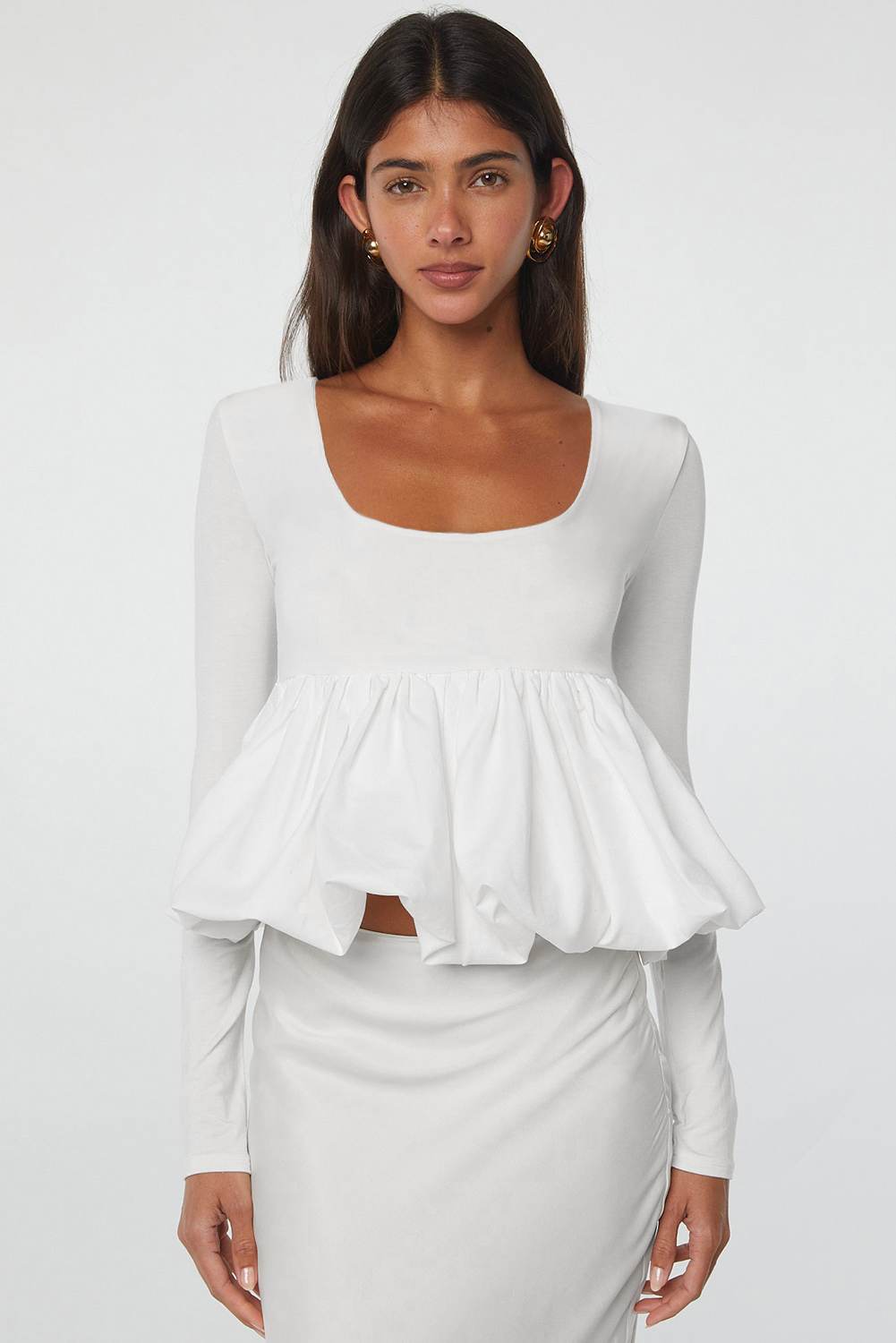 White U Neck Long Sleeve Bubble Hem Top - loveforevers
