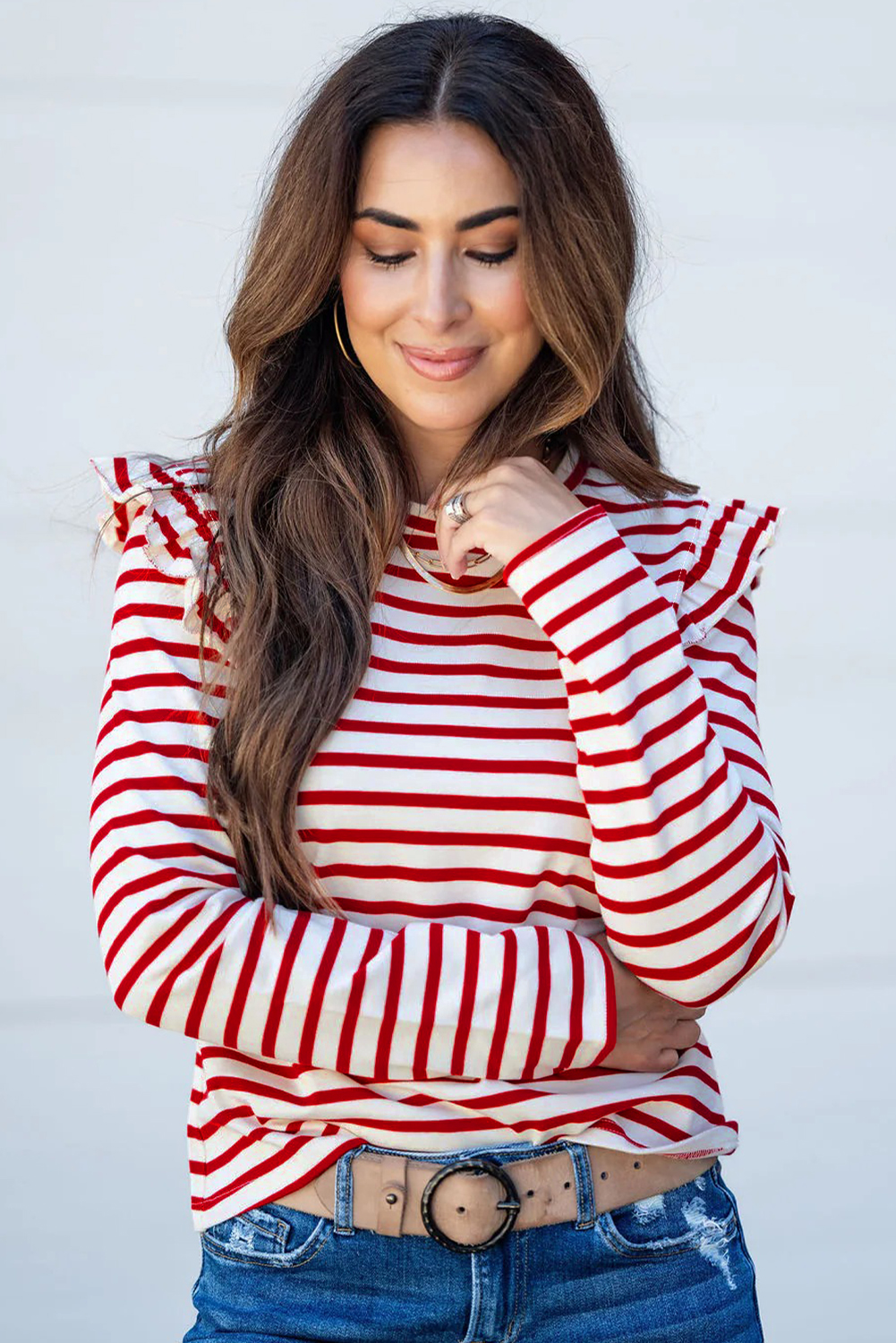 Red Stripe Round Neck Ruffle Trim Long Sleeve Top - loveforevers