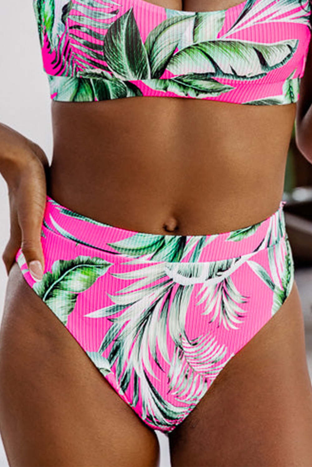 Rose Tropical Print Textured Bikini Bottoms - loveforevers