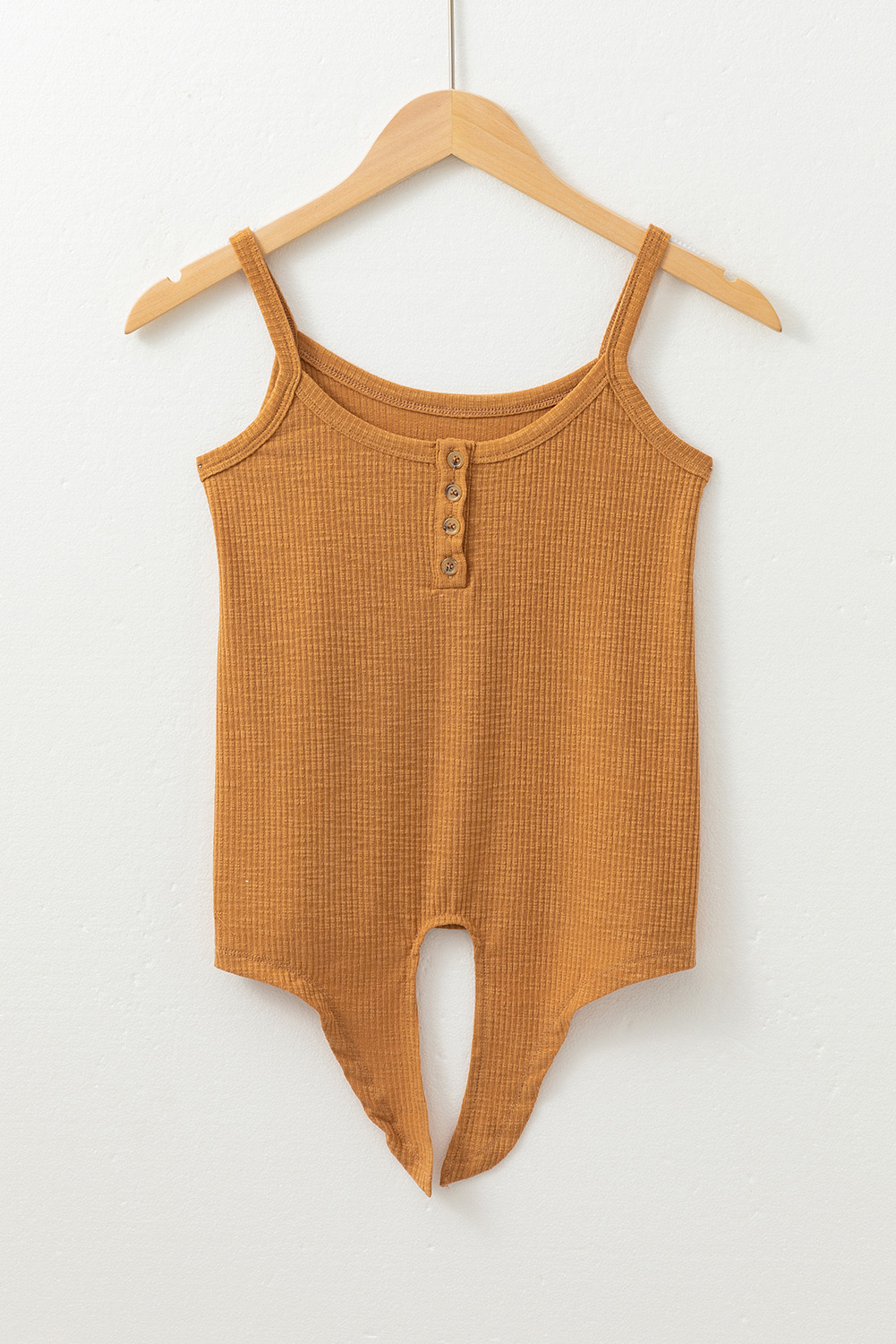Straw Yellow Ribbed Front Knot Buttoned Thin Strap Tank Top - loveforevers