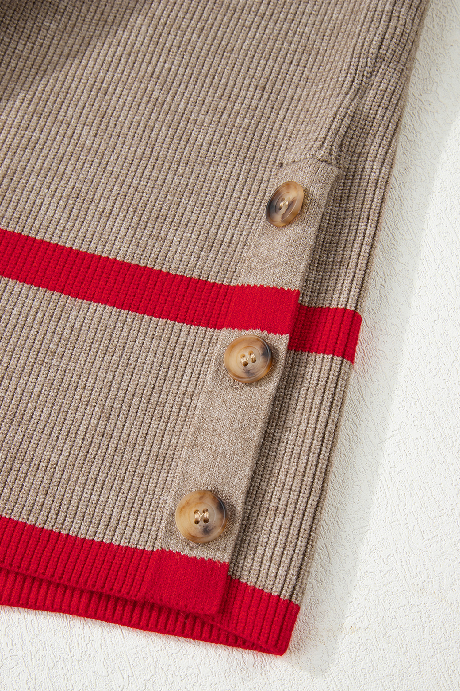 Simply Taupe Ribbed Knit Contrasted Stripe Detail Button Side Loose Sweater - loveforevers