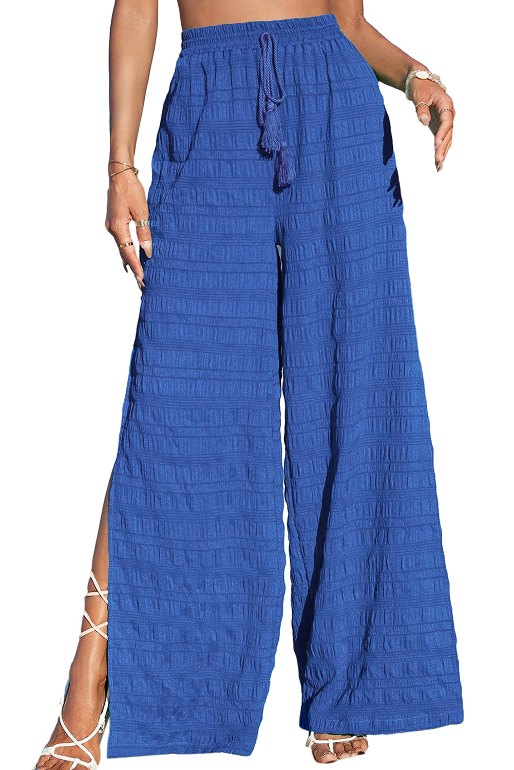 Dark Blue Textured Split Wide Leg Solid Pants - loveforevers