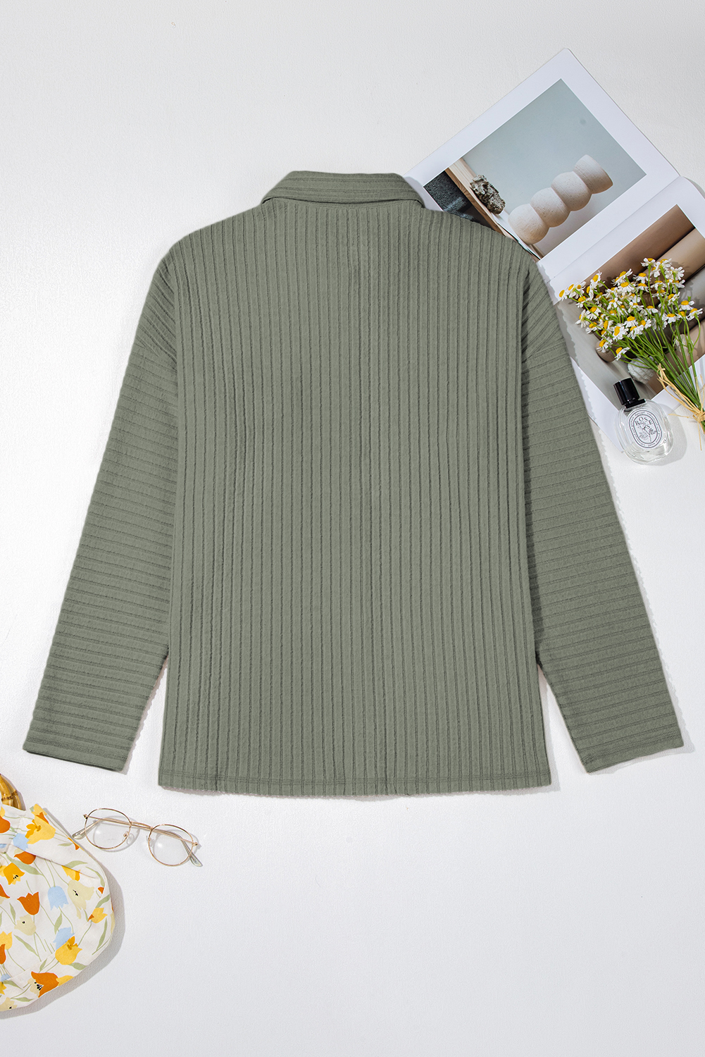 Mist Green Thermal Ribbed Texture Drop Shoulder Button Up Shacket - loveforevers