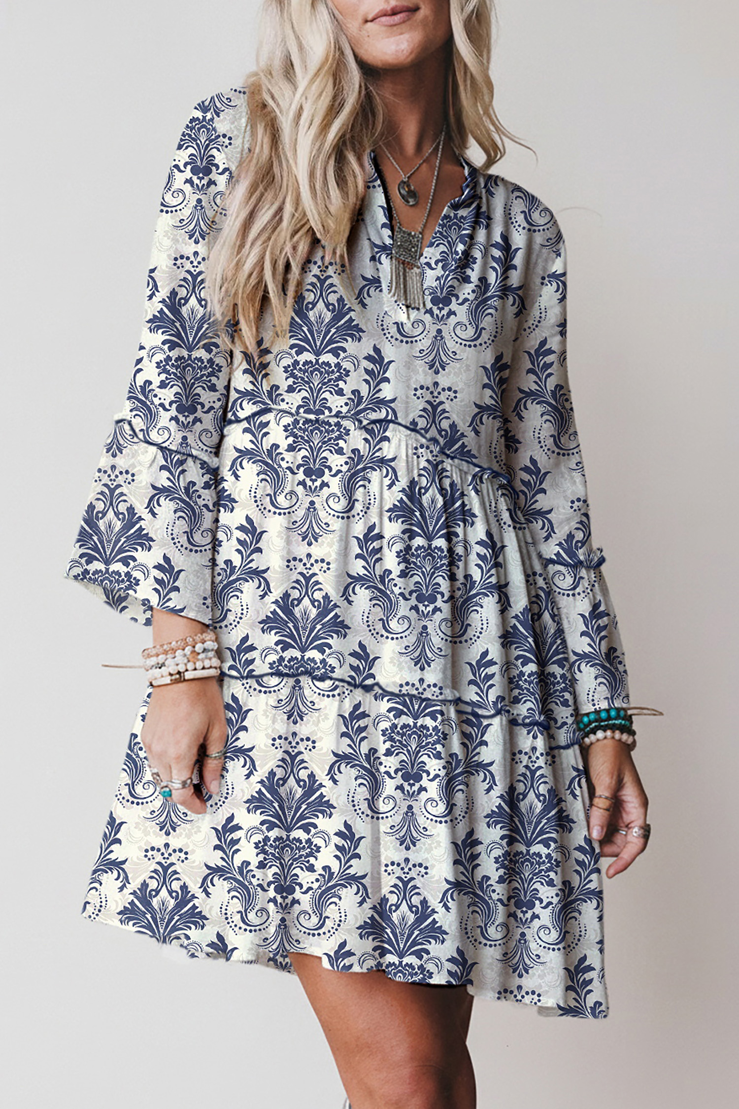 Sky Blue Boho Floral Print Lettuce Trim 3/4 Sleeve Mini Dress - loveforevers