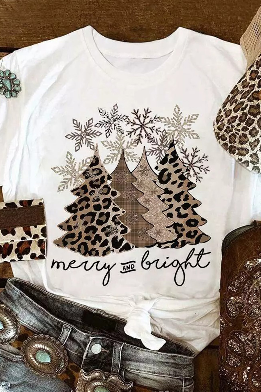 Black Leopard Christmas Tree Graphic Crew Neck T Shirt - loveforevers