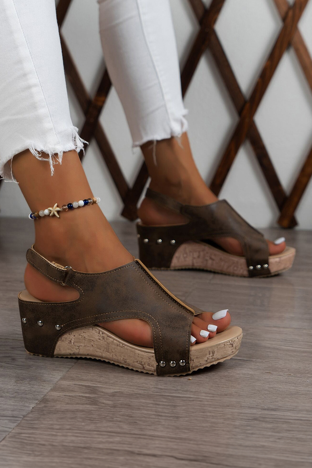 Chestnut Suede Patched Studded Cut Out Wedge Sandals - loveforevers