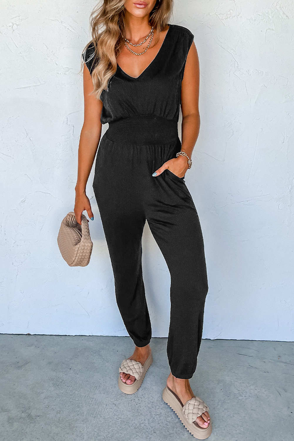 Black Shirred High Waist Sleeveless V Neck Jumpsuit - loveforevers
