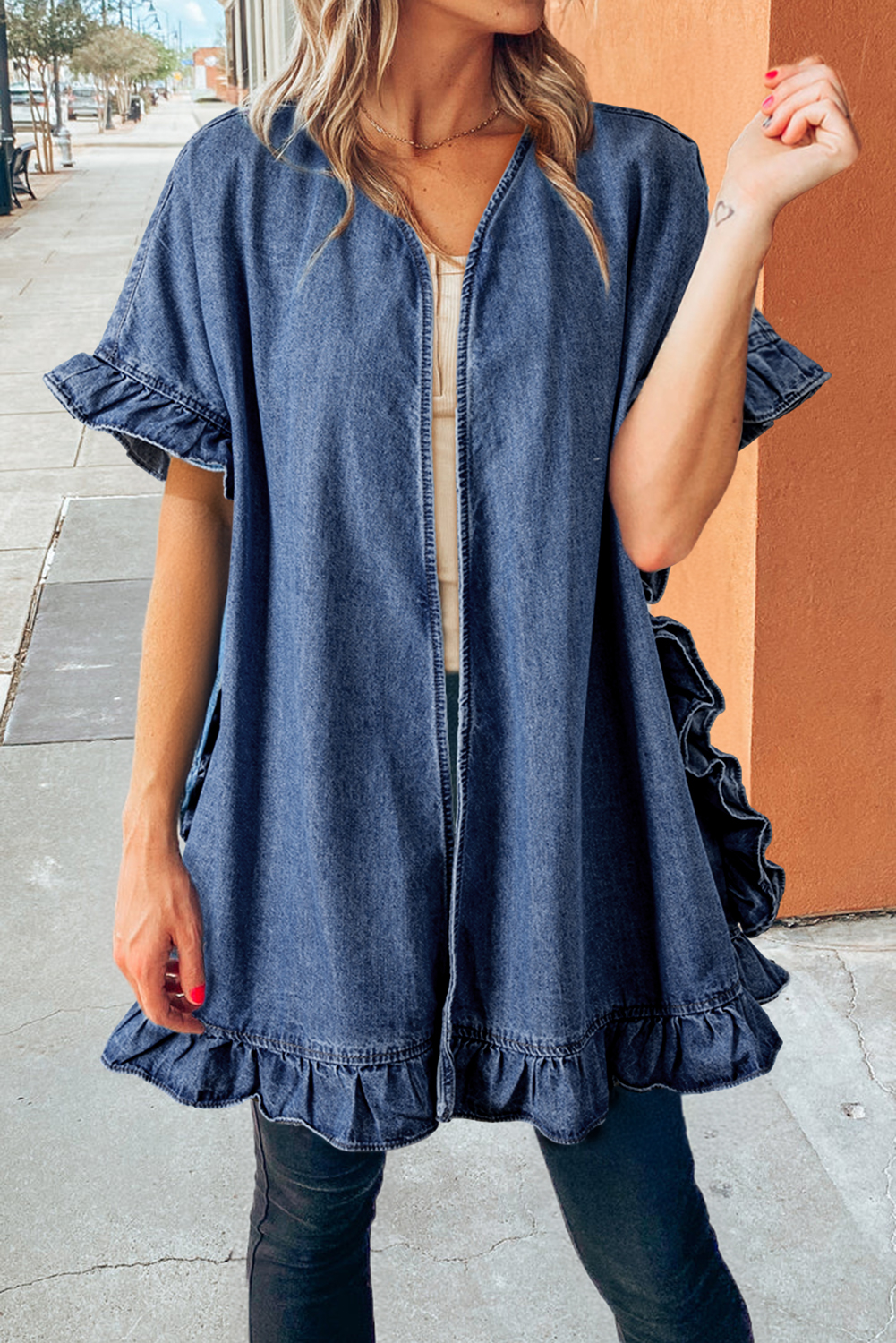 Dusk Blue Chambray Ruffle Hem Half Sleeve Open Loose Kimono - loveforevers